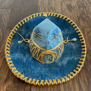 Vintage Blue Velvet Sombrero With Gold Embroidery Kids